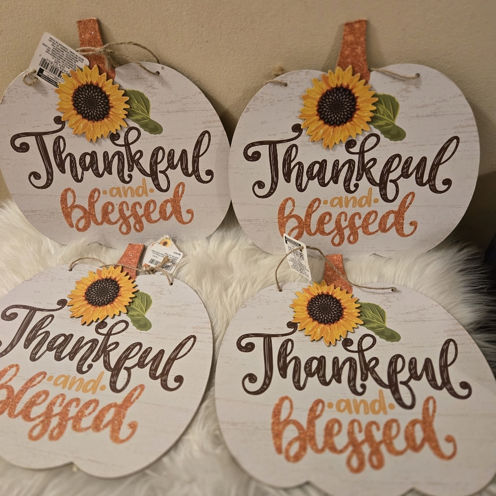 4 Thankful & Blessed CIRCLE SIGN Wall Art Door Hanger Plaque Wood Pumpkins Decor